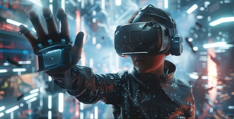 Poster - Create a scene of a gamer immersed in an expansive multiplayer universe, using advanced VR equipment to interact with players and environments in real-time.