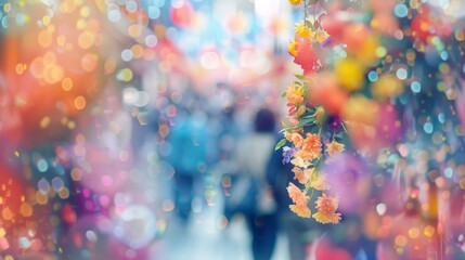 Wall Mural - A sea of colorful flowers and people merge into a blurry mosaic at the festival.