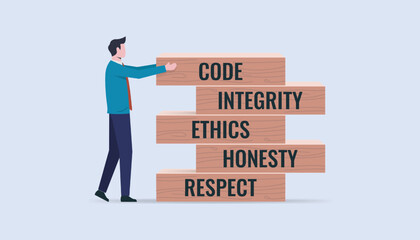 Business culture and code of conducts concept with wooden blocks with words code, integrity, ethics, honesty and respect.