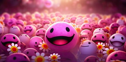 happiness background with cartoon faces and flowers, including a pink face, black mouth, and yellow and white flower