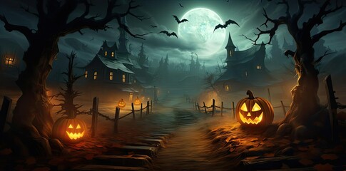 Wall Mural - halloween fall backgrounds featuring a spooky forest with a large tree, a pumpkin, and a black bat, set against a backdrop of a large building