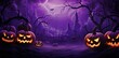 © Siasart Studio - purple halloween background featuring a variety of pumpkins, including orange, yellow, and orange - and - yellow pumpkins, with a black bird perched on a branch in the foreground