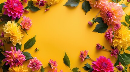 Wall Mural - Dahlia wreath on vibrant yellow backdrop with space for text
