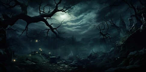 scary background of a dark forest at night featuring a large tree and a bare branch