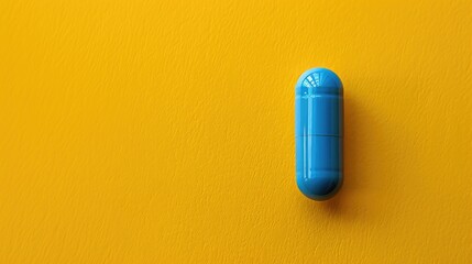Wall Mural - Blue pill capsule on yellow background close up top view with copy space