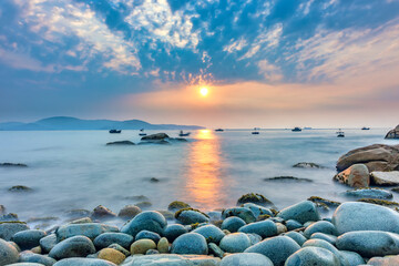 Beautiful sunrise on egg stone beach near Quy Nhon city, Vietnam