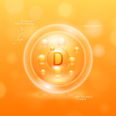 Vitamin D solution orange and chemical structure of Secosteroids. Fat soluble vitamins. Collagen serum hyaluronic acid with antioxidants for brighter skin. Cosmetic beauty nutrition. Vector.