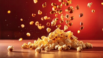 Wall Mural - Pop corn kernels popping in air with a red background. bioskop graphic resource. bioskop content. cinema