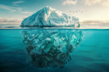 The concept of sea contamination and environmental problems represented by an iceberg of litter