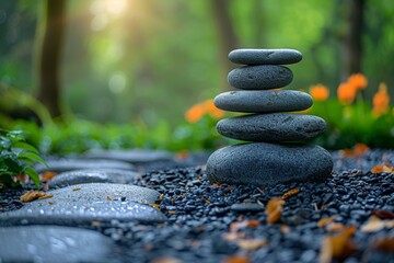 A stack of smooth round stones in a Zen garden with blurred background