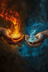 Wall Mural - A powerful concept image showcasing the elements of fire and water being held in hands, symbolizing the balance between opposing forces.