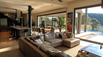 Wall Mural - Open-plan living and dining area with modern furnishings.