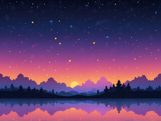 Wall Mural - abstract childish Pixel art star sky at sunset time. Starry evening sky gradient backdrop  illustration.