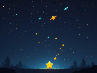 Wall Mural - abstract childish Pixel art yellow Star and meteor in night background