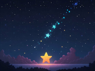 Wall Mural - abstract childish Pixel art blue yellow Star and meteor in night background