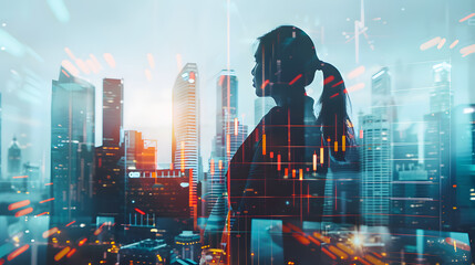 A businesswoman stands silhouetted against a futuristic cityscape.