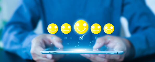 Poster - Smile face icon for best excellent customer service satisfaction survey feedback for business review rating and best service or finance digital marketing poll or user comment concepts.