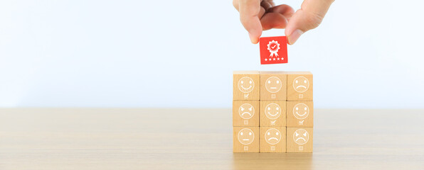Poster - Hand choose wooden block stack with best service and smile face icon for best excellent customer service satisfaction survey feedback for business review rating or finance marketing poll or comment.