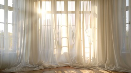 Flowing white curtains framing a large bay window allowing in a soft glow of sunlight.