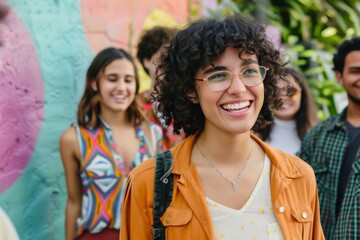 Wall Mural - Portrait of a smiling young woman with friends in the background.