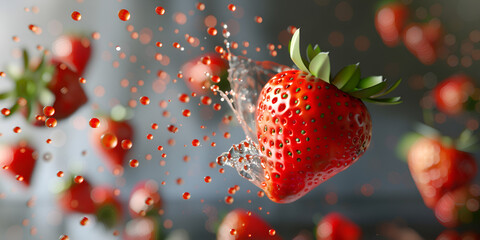 Delicious strawberry juicing Strawberries are in water with water splashing.