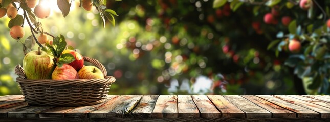 Wall Mural - Rustic Wooden Tabletop with Apples in a Basket Against an Orchard Background