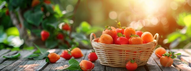 Wall Mural - Basket of Fresh Strawberries in a Sunny Garden