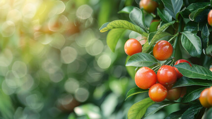 Wall Mural - Close-up of ripe, red fruits on a tree branch with a blurred green background, highlighting their freshness.