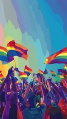 Wall Mural - Crowd with Rainbow Flags