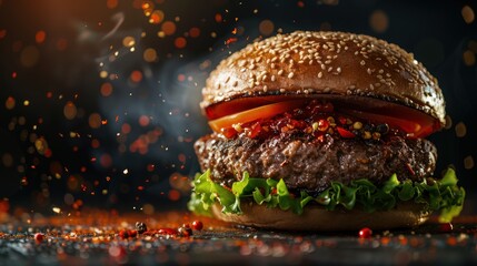 Sizzling Prime Beef Burger with Fresh Ingredients and Spices - Ready to Serve and Eat! Perfect for Menu Advertisement and Commercial Use - Copy Space Available.