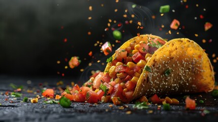 Wall Mural - Hot and Fresh Taco with Flying Ingredients on Black Background - Ready to Serve and Eat Banner with Copy Space