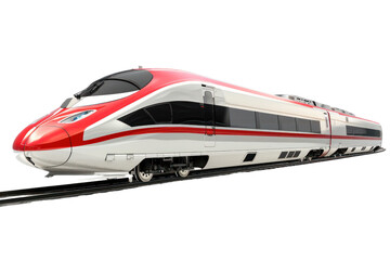 High-speed modern train with sleek design isolated on white background, emphasizing advanced transportation technology and efficiency.