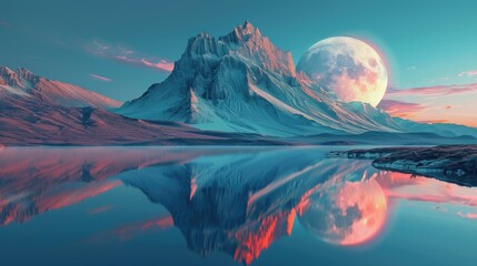 Futuristic cyberpunk scenery featuring a majestic mountain and a luminous moon, Moonlit reflections in tranquil lake