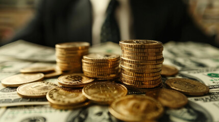 Wall Mural - Close-up view of stacked coins and dollar bills on a table, symbolizing wealth, savings, and financial success.