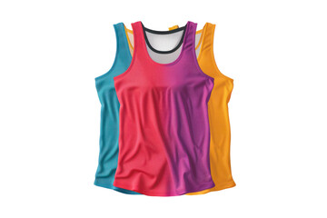 Colorful tank tops on white background in pink, orange, and blue, ideal for activewear, fashion, summer, sports, and merchandise.