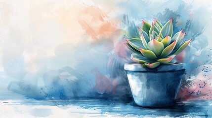 Wall Mural - Watercolor Succulent Plant in a Pot on a Blue Background.