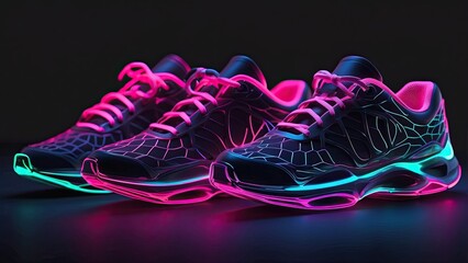 Wall Mural - The shoes wireframe are glowing in neon colors and are displayed on a dark background. foot, athlete, connection, cyber, cyberspace, dynamic, flow, fractal, future, futuristic, glow, glowing, graphic,