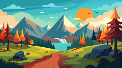 Wall Mural - Vector illustration of a beautiful landscape with mountains and an autumn forest. The concept of travel, hiking, outdoor activities, and adventure illustration 