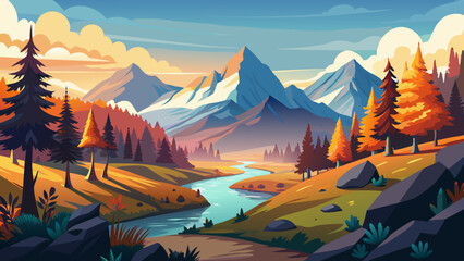 Wall Mural - Vector illustration of a beautiful landscape with mountains and an autumn forest. The concept of travel, hiking, outdoor activities, and adventure illustration 