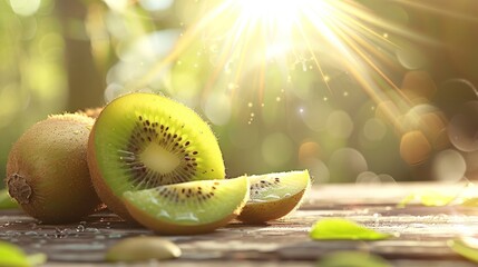 Wall Mural - Fresh Kiwi Fruit in Sunlight with a Blurred Background