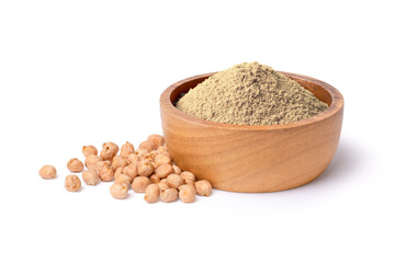 Chickpea powder (Chick pea flour) in wooden bowl and dry chickpeas isolated on white background.