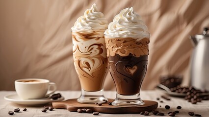 Wall Mural - A close-up of two combining cups of layered iced coffee with whipped cream on top and a heart-shaped latte art, all on a beige backdrop. The foam details and creamy swirl symbolize love and romance. 