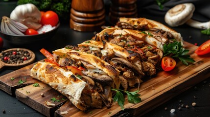 Mushroom chicken shawarma on wooden board with vegetables pepper mill on black background