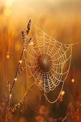 Wall Mural - Spider web with dew drops on a blade of grass against a warm foggy background