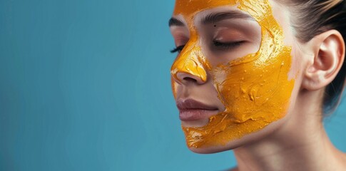 Wall Mural - A woman with a golden turmeric face mask on. A black woman over 35 uses turmeric mask for facial care at home. Concept Skincare, Natural Ingredients, Turmeric Benefits, Anti-aging, DIY Beauty