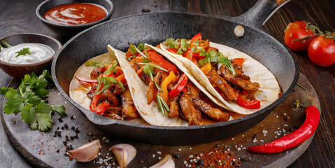 A plate and frying pan of fajitas with beef tacos, tortillas and salsa sauce
