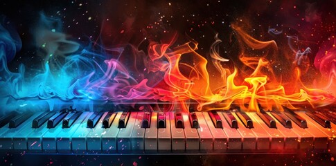 A Vibrant piano keyboard with flames in the background. background for World Music Day event banner with abstract musical instruments design. Concept Music Instruments, World Music Day, Event Banner