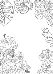 Wall Mural - Hibiscus flowers and tropical leaves frame. Vertical banner, floral overlay backdrop. Botanical monochrome ink sketch style hand drawn vector illustration isolated on transparent background.