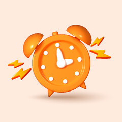 3D rendered vector illustration ringing alarm clock, isolated on a orange background. Volumetric 3D icon of an alarm clock, symbolizing reminders and deadlines.