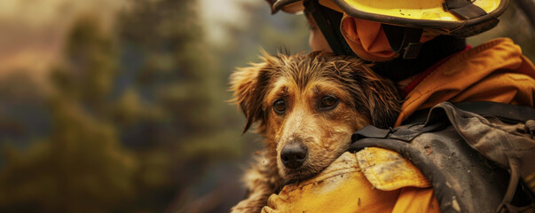 Wall Mural - A firefighter man is holding a dog in their arms. The dog is dirty and has a sad expression on its face. The person is wearing a yellow jacket and he is a firefighter.